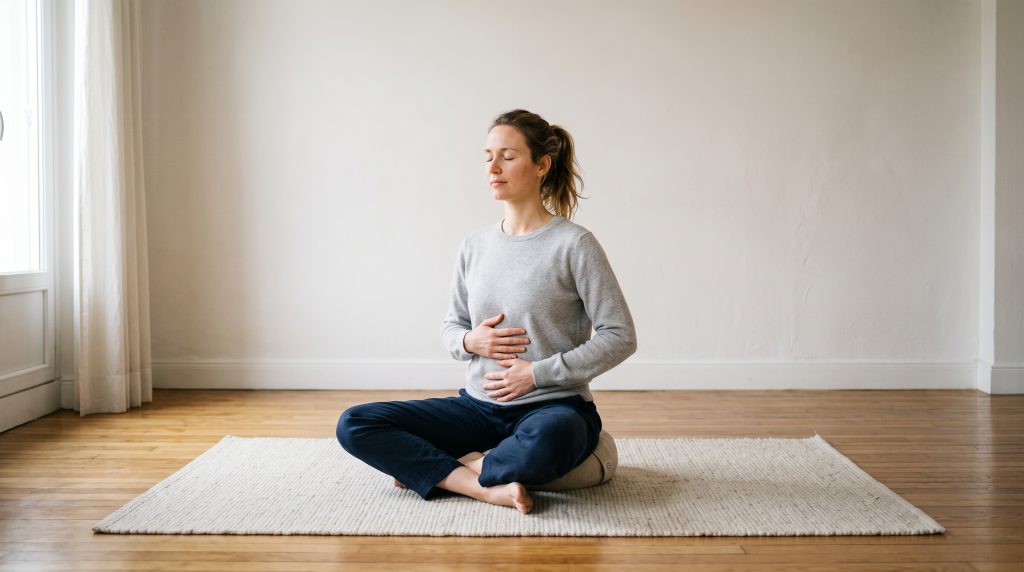 Personne assise le dos droit dans un salon lumineux, les yeux fermés et les mains posées sur le ventre