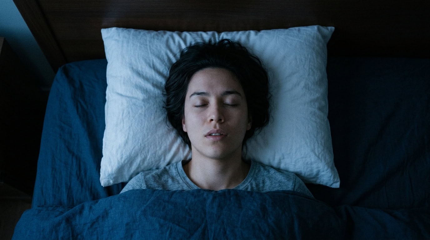 Personne allongée sur le dos avec la tête sur un oreiller, les yeux fermés dans une lumière tamisée