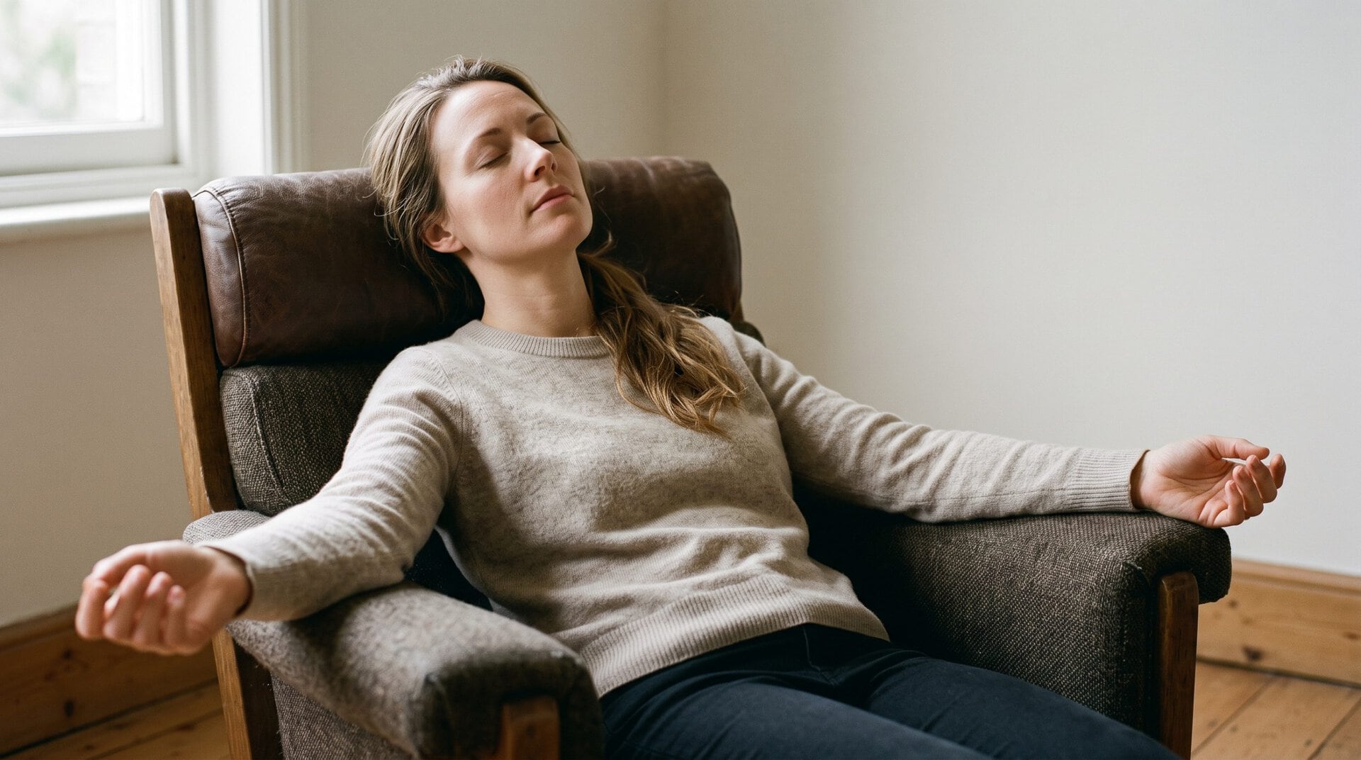 Personne assise dans un fauteuil avec la tête en arrière et les paumes ouvertes vers le haut