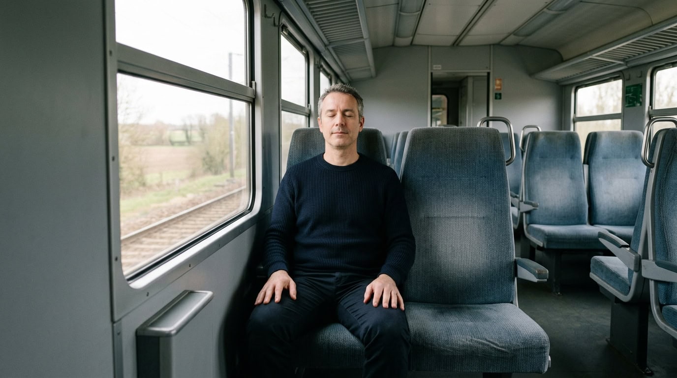 Passager assis calmement sur un siège de train avec les mains posées à plat sur les cuisses