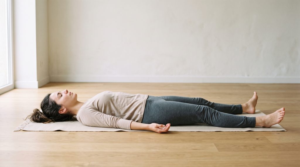 Personne pratiquant la relaxation de Jacobson, allongée sur le dos dans un état de détente musculaire complète et visible