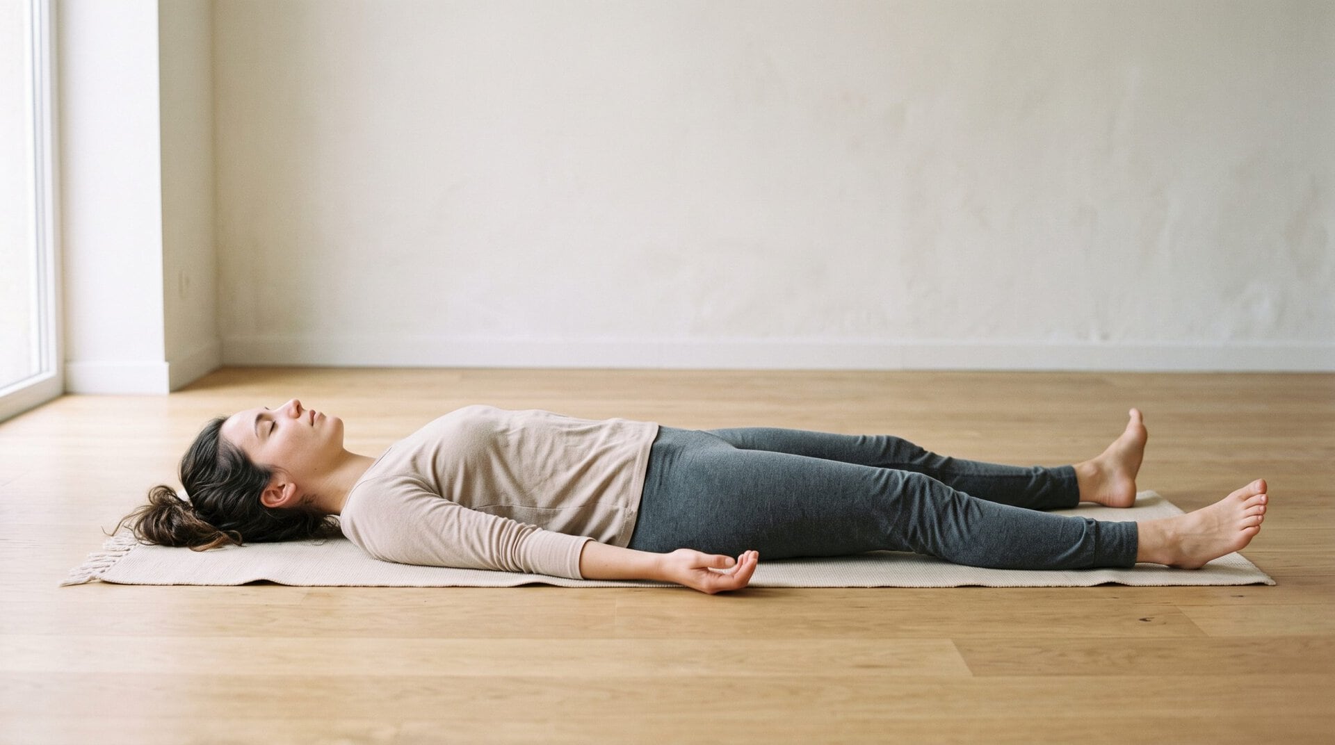 Personne pratiquant la relaxation de Jacobson, allongée sur le dos dans un état de détente musculaire complète et visible