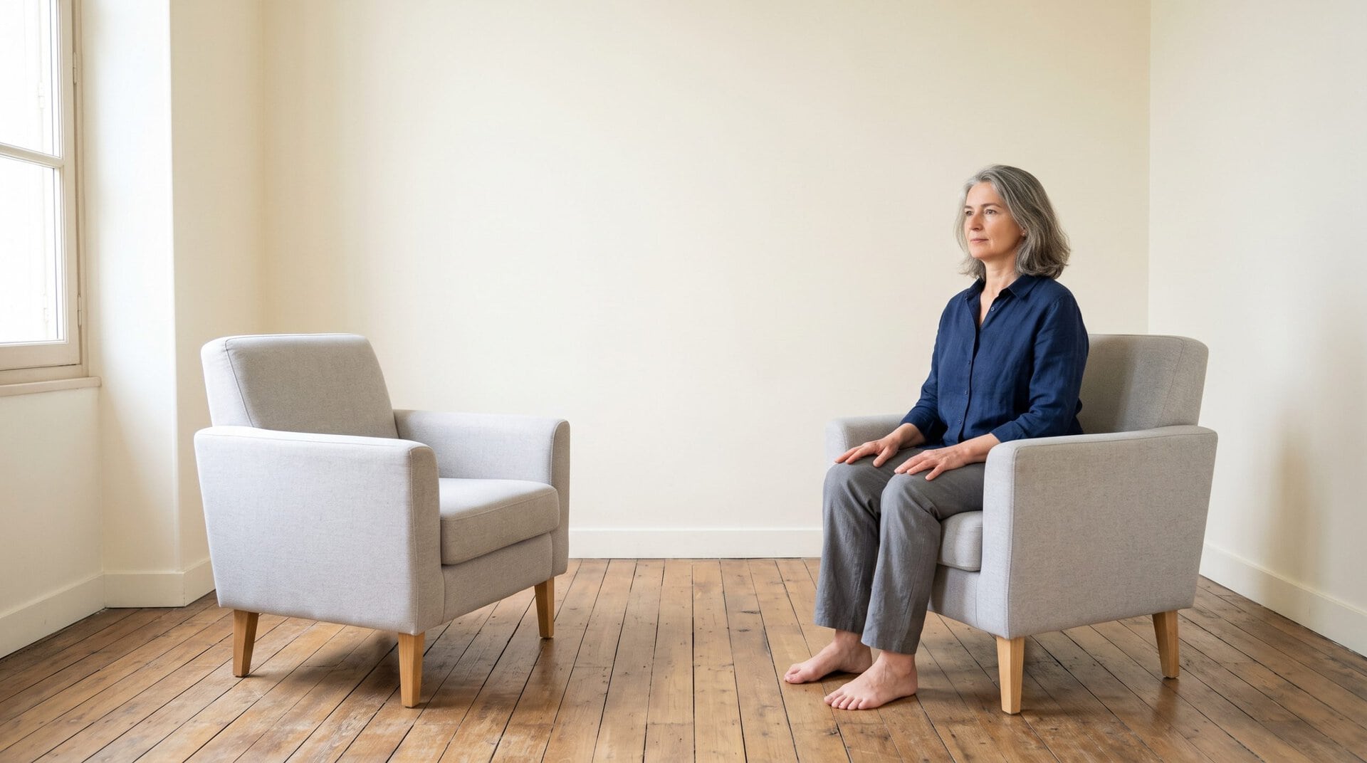 Femme assise dans un cabinet lumineux avec les mains posées sur les cuisses et les épaules relâchées