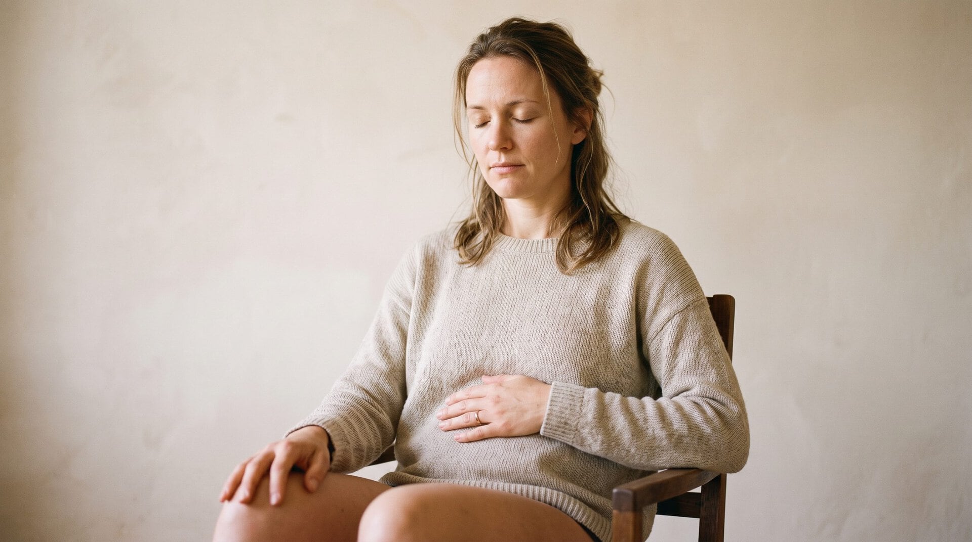 Personne assise les yeux fermés avec une main posée à plat sur le ventre dans une posture de détente