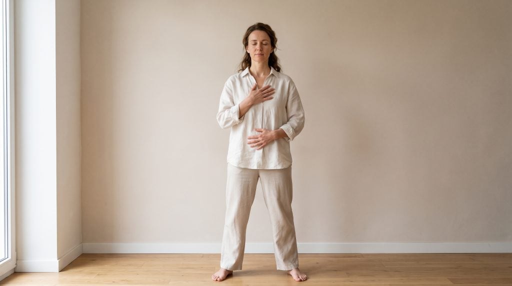 Femme debout les yeux fermés avec une main sur le ventre et une main sur la poitrine en exercice de sophrologie