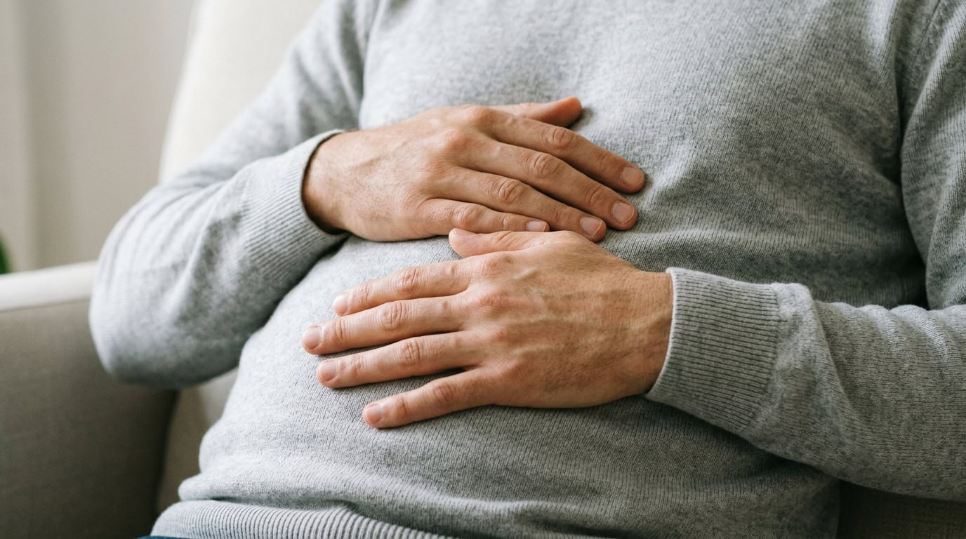 Gros plan sur deux mains posées à plat sur un ventre gonflé lors d'un exercice de respiration abdominale