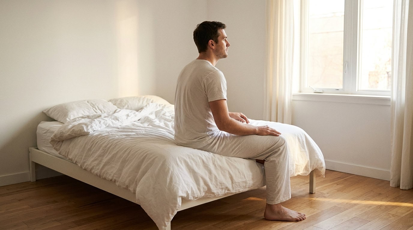 Homme assis au bord de son lit le dos droit face à une fenêtre éclairée par la lumière du matin