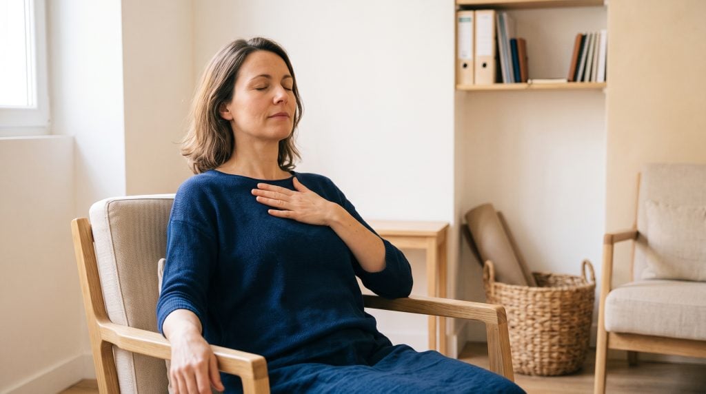 Femme assise dans un fauteuil de cabinet de sophrologie, les yeux fermés et une main posée sur la poitrine