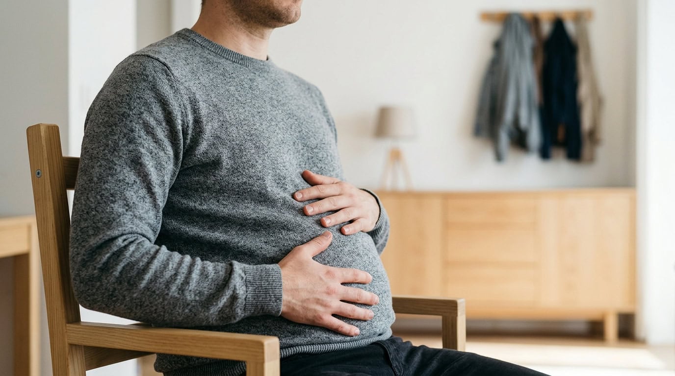 Homme assis le dos droit sur une chaise en bois, les deux mains posées à plat sur son ventre pendant une respiration
