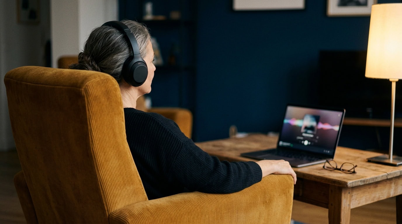 Femme assise dans un fauteuil avec un casque audio sur les oreilles face à un ordinateur portable posé sur une table